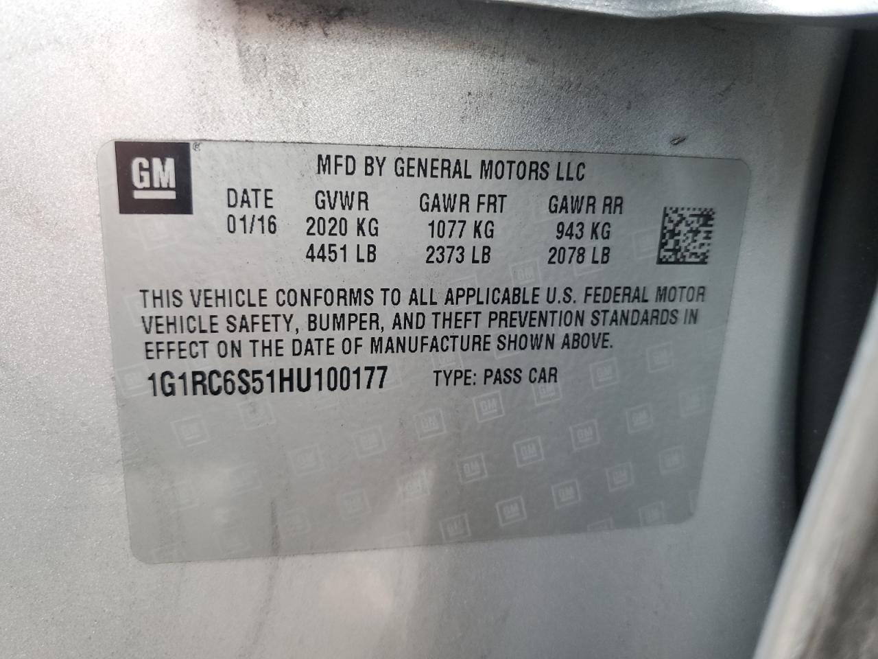 2017 Chevrolet Volt Lt VIN: 1G1RC6S51HU100177 Lot: 85108555