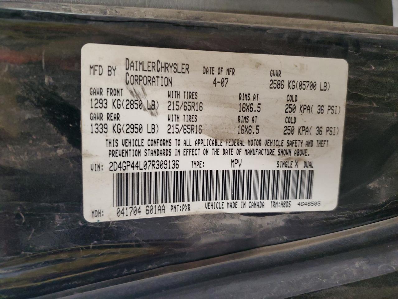 2007 Dodge Grand Caravan Sxt VIN: 2D4GP44L07R309136 Lot: 89895965