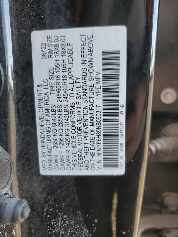 2022 Honda Pilot Trailsport VIN: 5FNYF6H89NB060317 Lot: 87368245