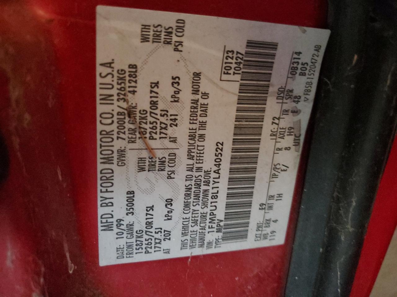 2000 Ford Expedition Eddie Bauer VIN: 1FMPU18L1YLA40522 Lot: 84833215