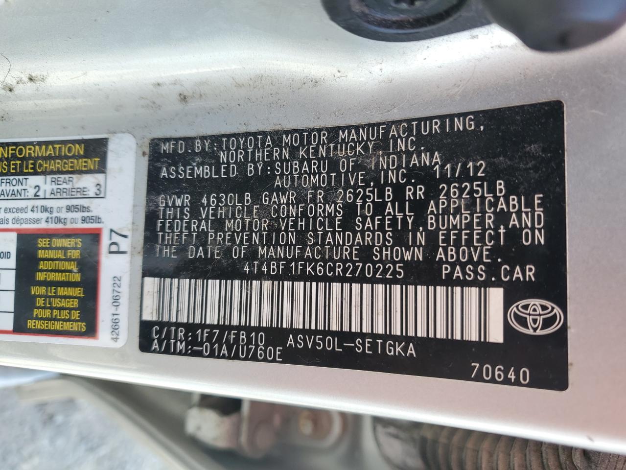 2012 Toyota Camry Base VIN: 4T4BF1FK6CR270225 Lot: 82226375