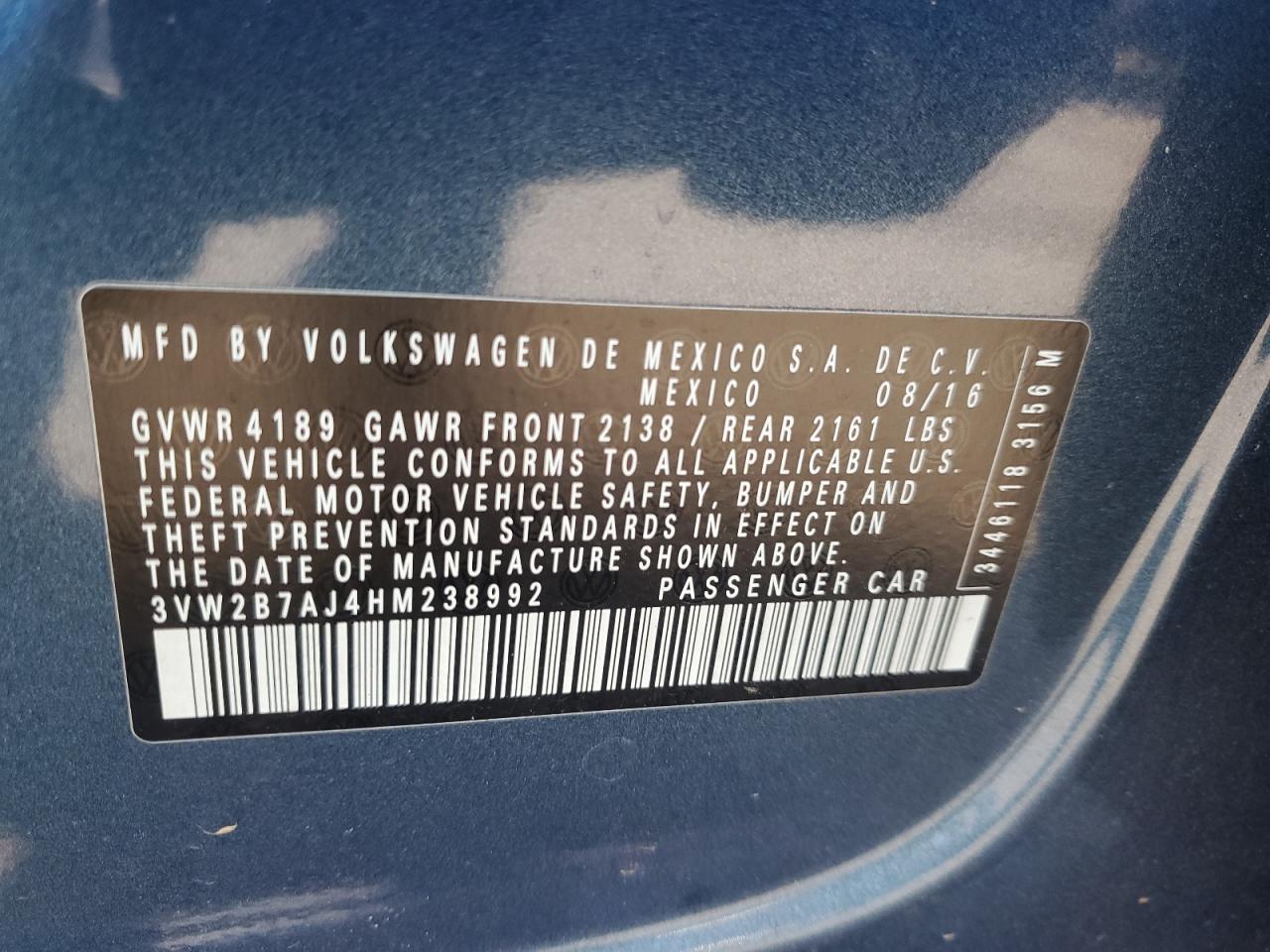 2017 Volkswagen Jetta S VIN: 3VW2B7AJ4HM238992 Lot: 85313855