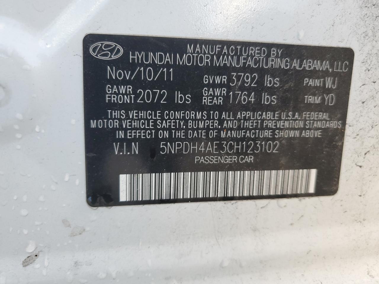 2012 Hyundai Elantra Gls VIN: 5NPDH4AE3CH123102 Lot: 82260875