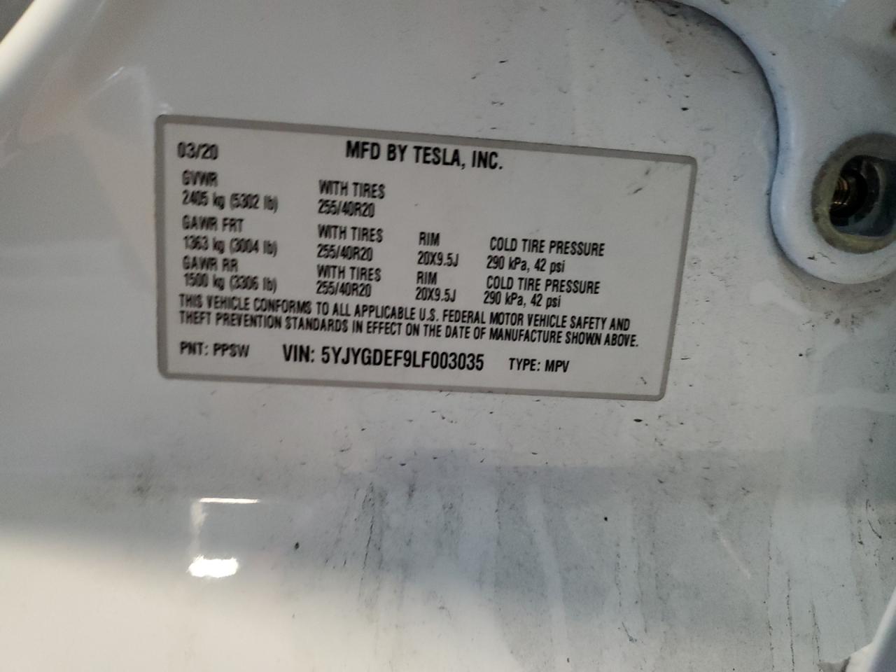 2020 Tesla Model Y VIN: 5YJYGDEF9LF003035 Lot: 84976665