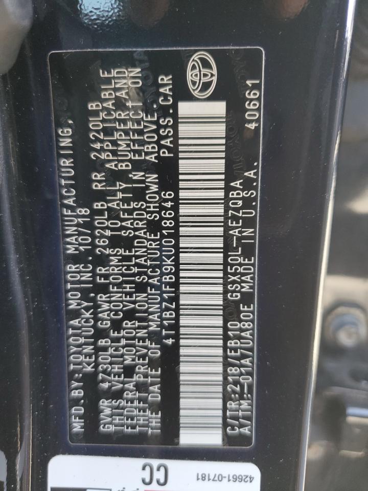 2019 Toyota Avalon Xle VIN: 4T1BZ1FB9KU018646 Lot: 82007475