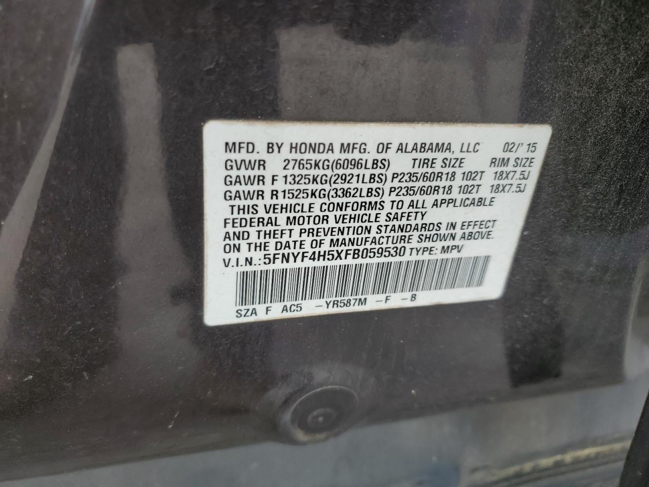 2015 Honda Pilot Exl VIN: 5FNYF4H5XFB059530 Lot: 82333005