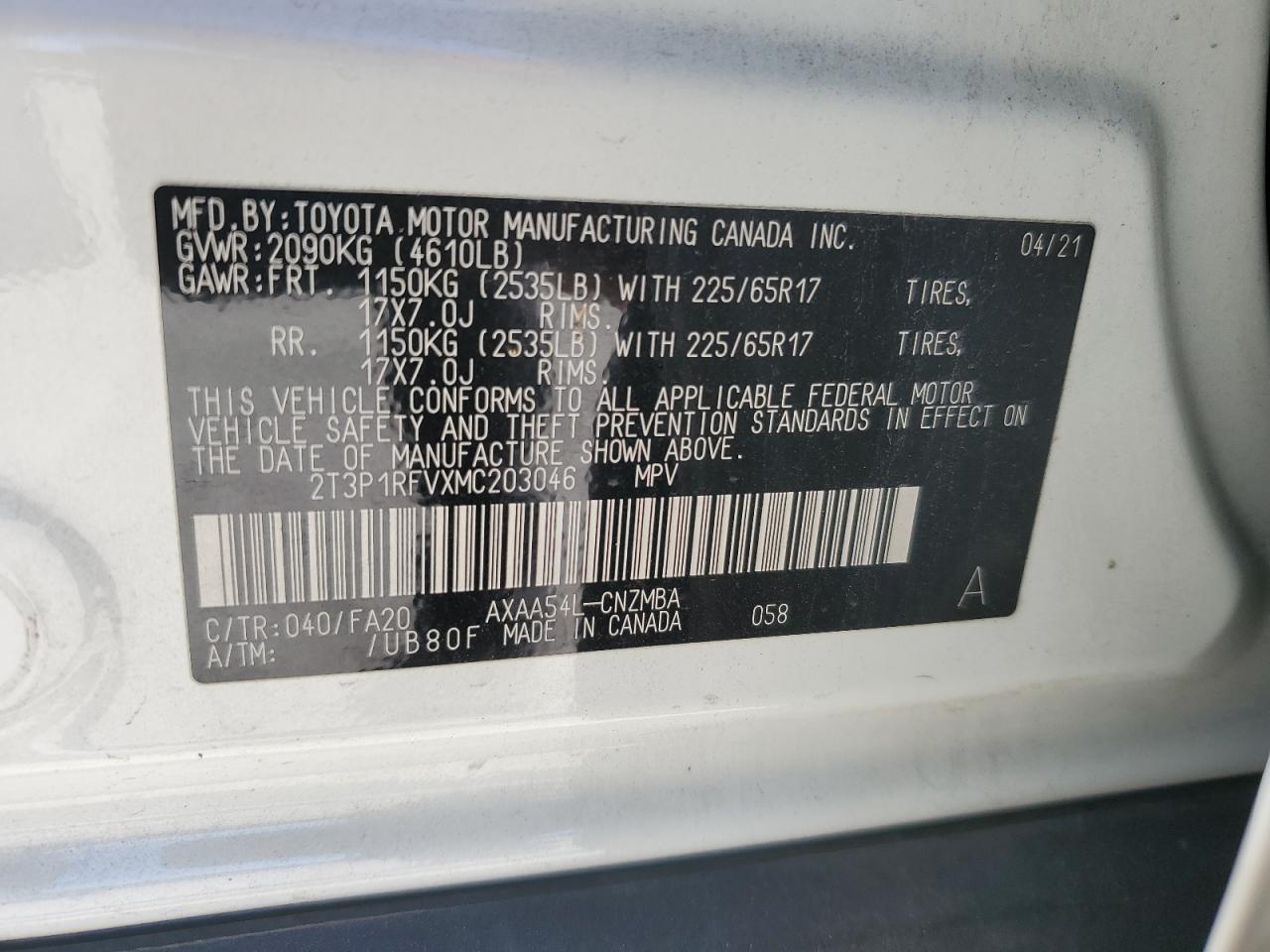 2021 Toyota Rav4 Xle VIN: 2T3P1RFVXMC203046 Lot: 85869965