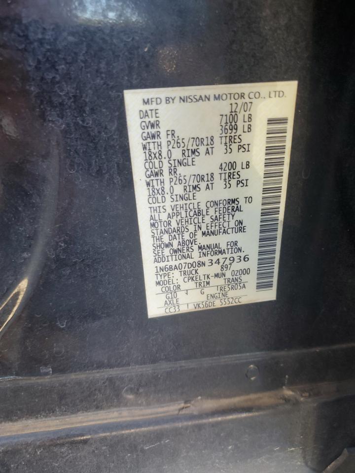 2008 Nissan Titan Xe VIN: 1N6BA07D08N347936 Lot: 85307275