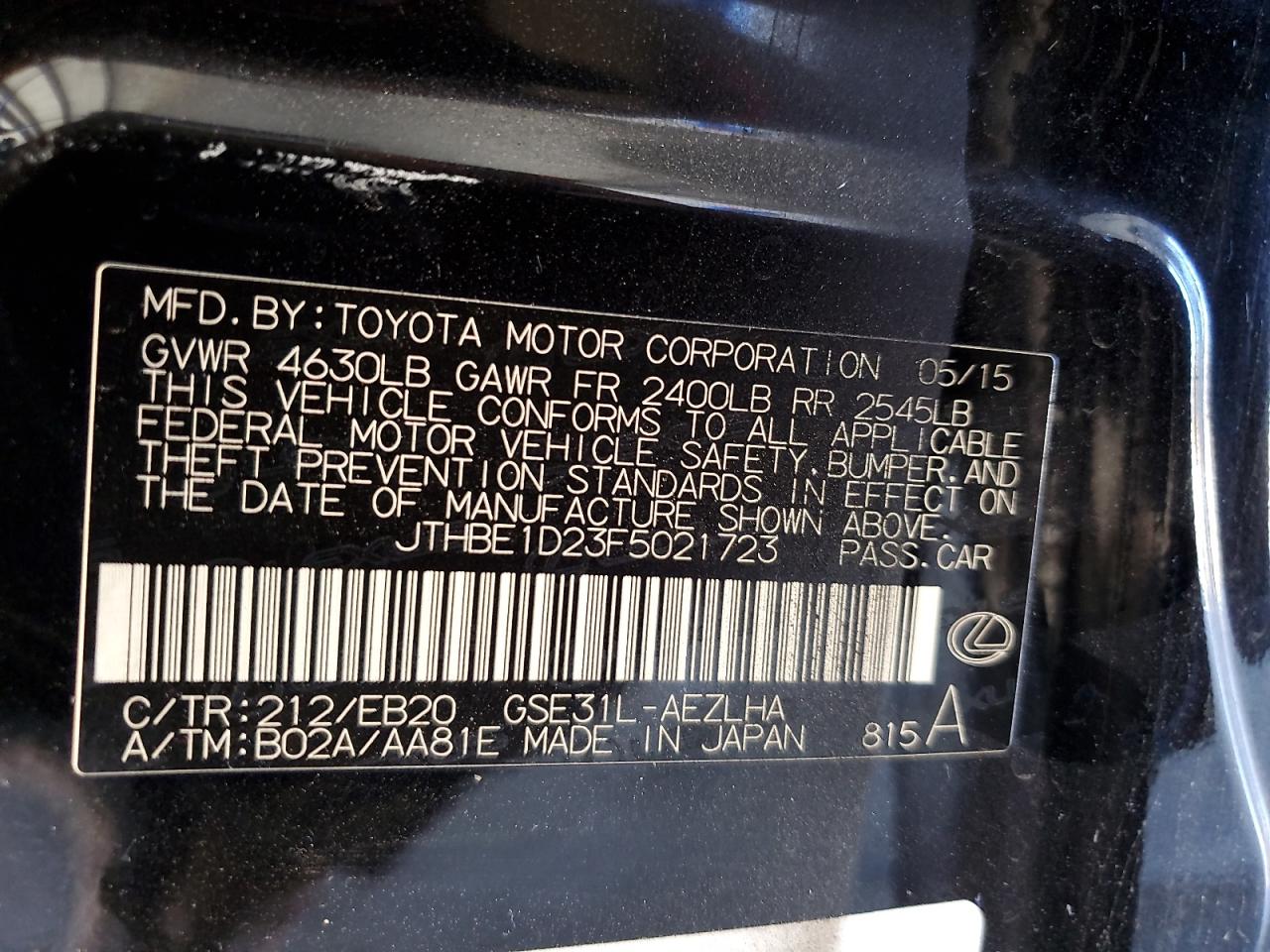 2015 Lexus Is 350 VIN: JTHBE1D23F5021723 Lot: 85719055