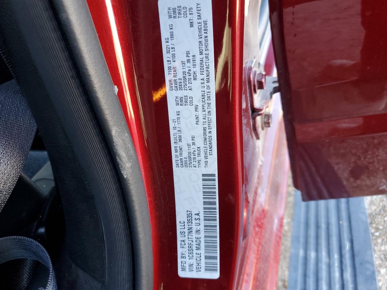 2022 Ram 1500 Laramie VIN: 1C6SRFJT7NN135357 Lot: 85384325