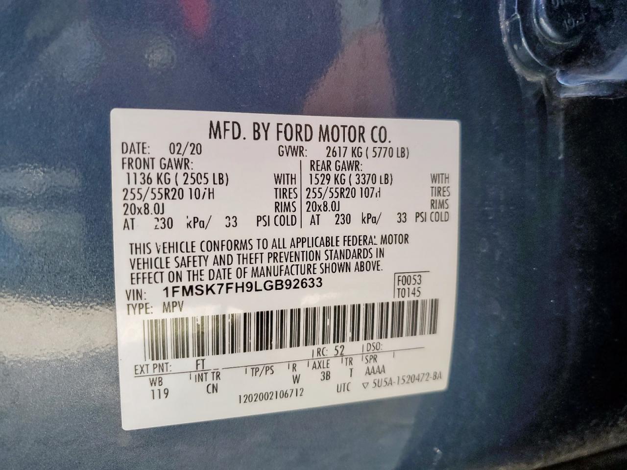 2020 Ford Explorer Limited VIN: 1FMSK7FH9LGB92633 Lot: 85880975