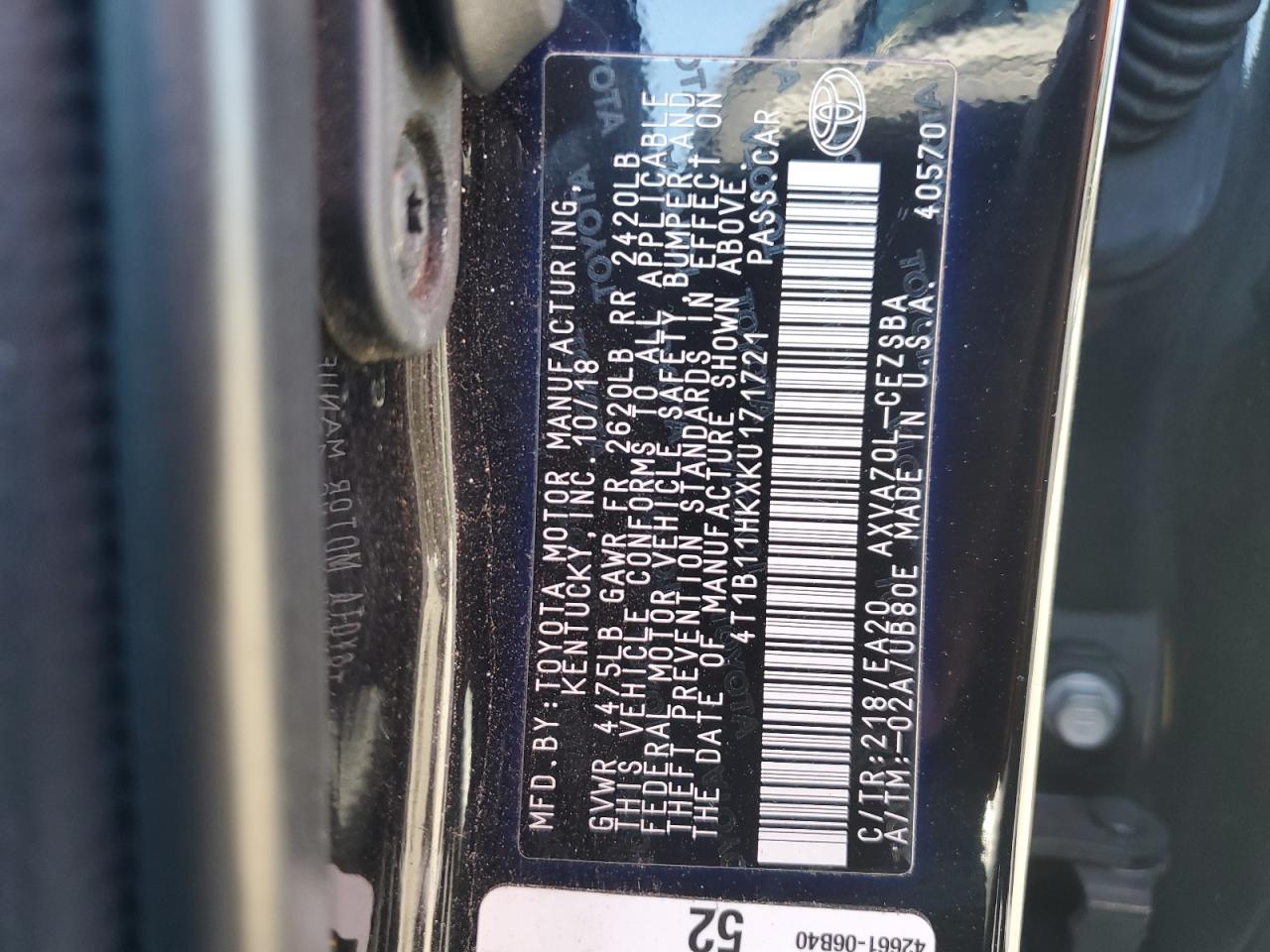 2019 Toyota Camry L VIN: 4T1B11HKXKU171721 Lot: 82746405