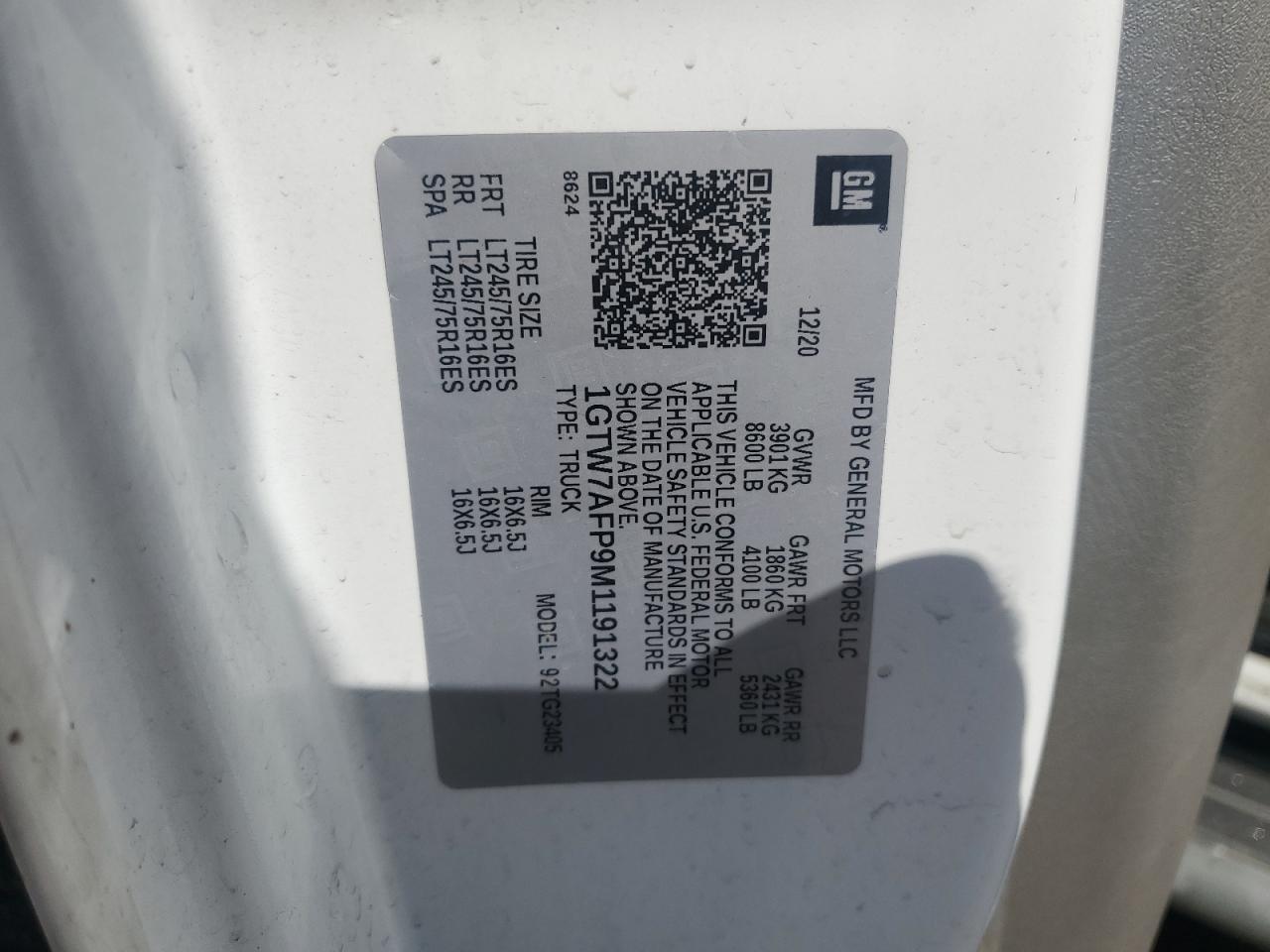 2021 GMC Savana G2500 VIN: 1GTW7AFP9M1191322 Lot: 85521505