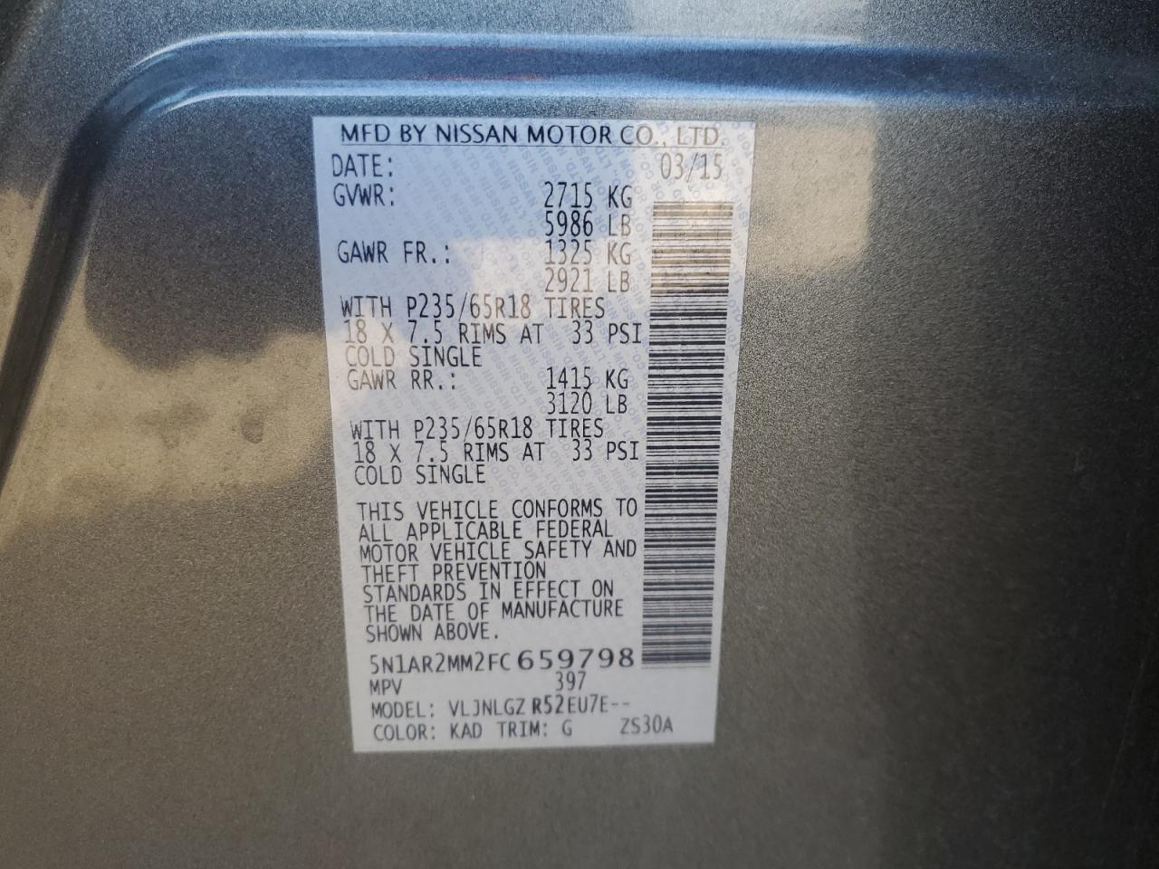 2015 Nissan Pathfinder S VIN: 5N1AR2MM2FC659798 Lot: 81947595