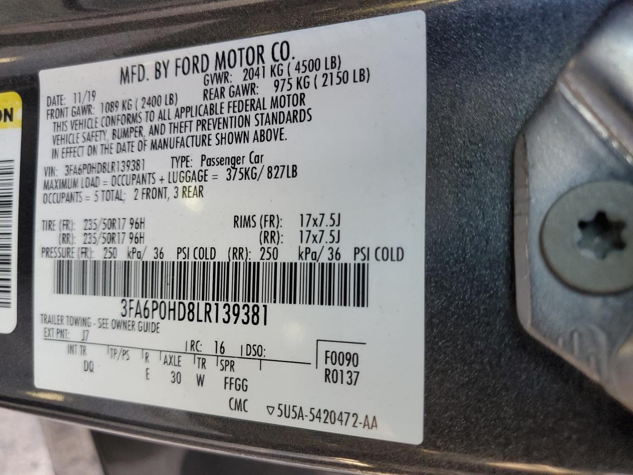 2020 Ford Fusion Se VIN: 3FA6P0HD8LR139381 Lot: 84215215