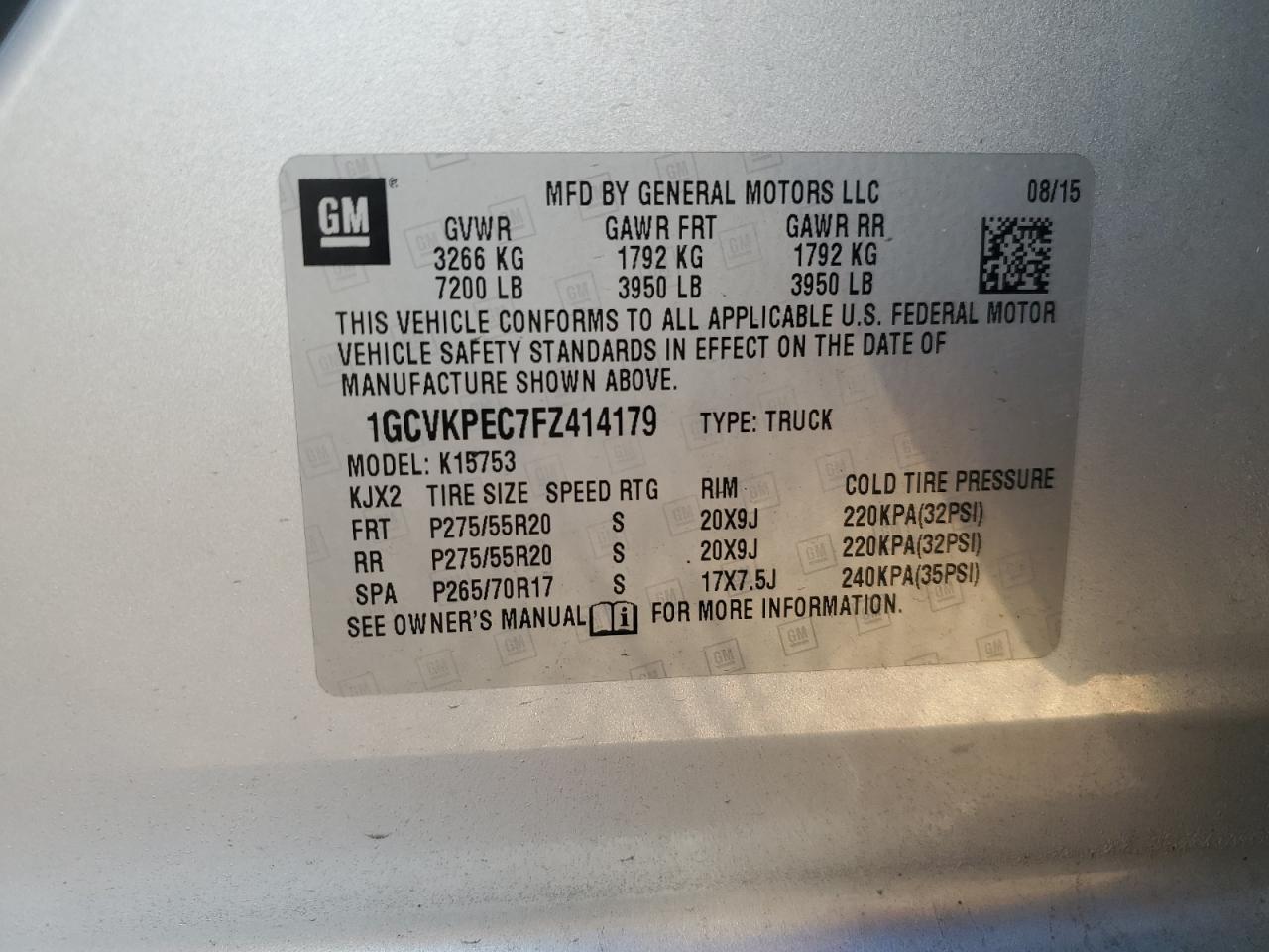 2015 Chevrolet Silverado K1500 VIN: 1GCVKPEC7FZ414179 Lot: 82370365