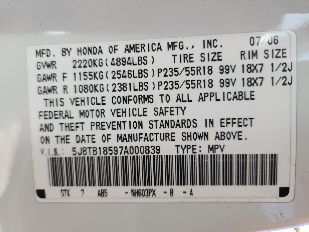 2007 Acura Rdx Technology VIN: 5J8TB18597A000839 Lot: 86604955