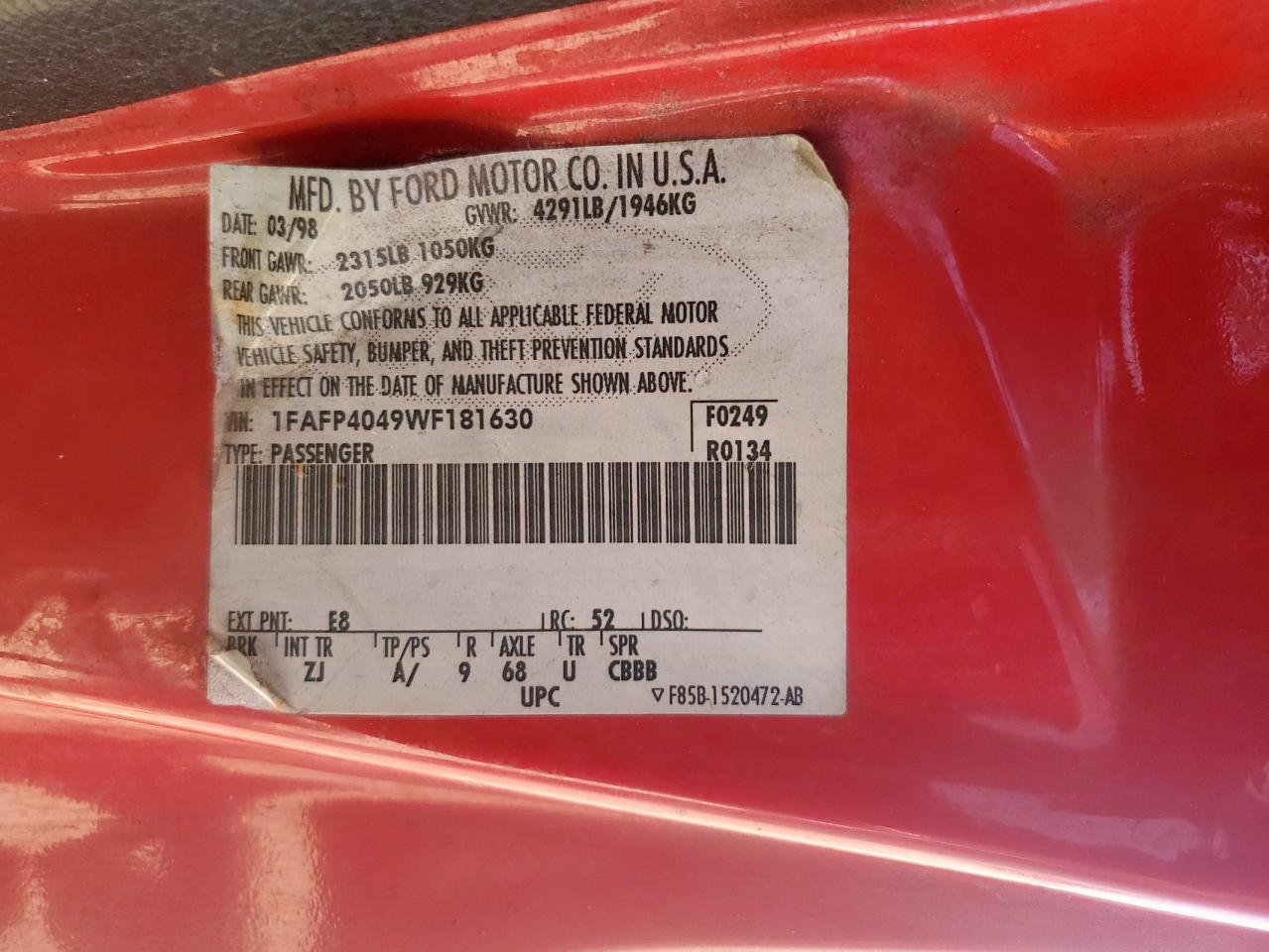 1998 Ford Mustang VIN: 1FAFP4049WF181630 Lot: 82372995