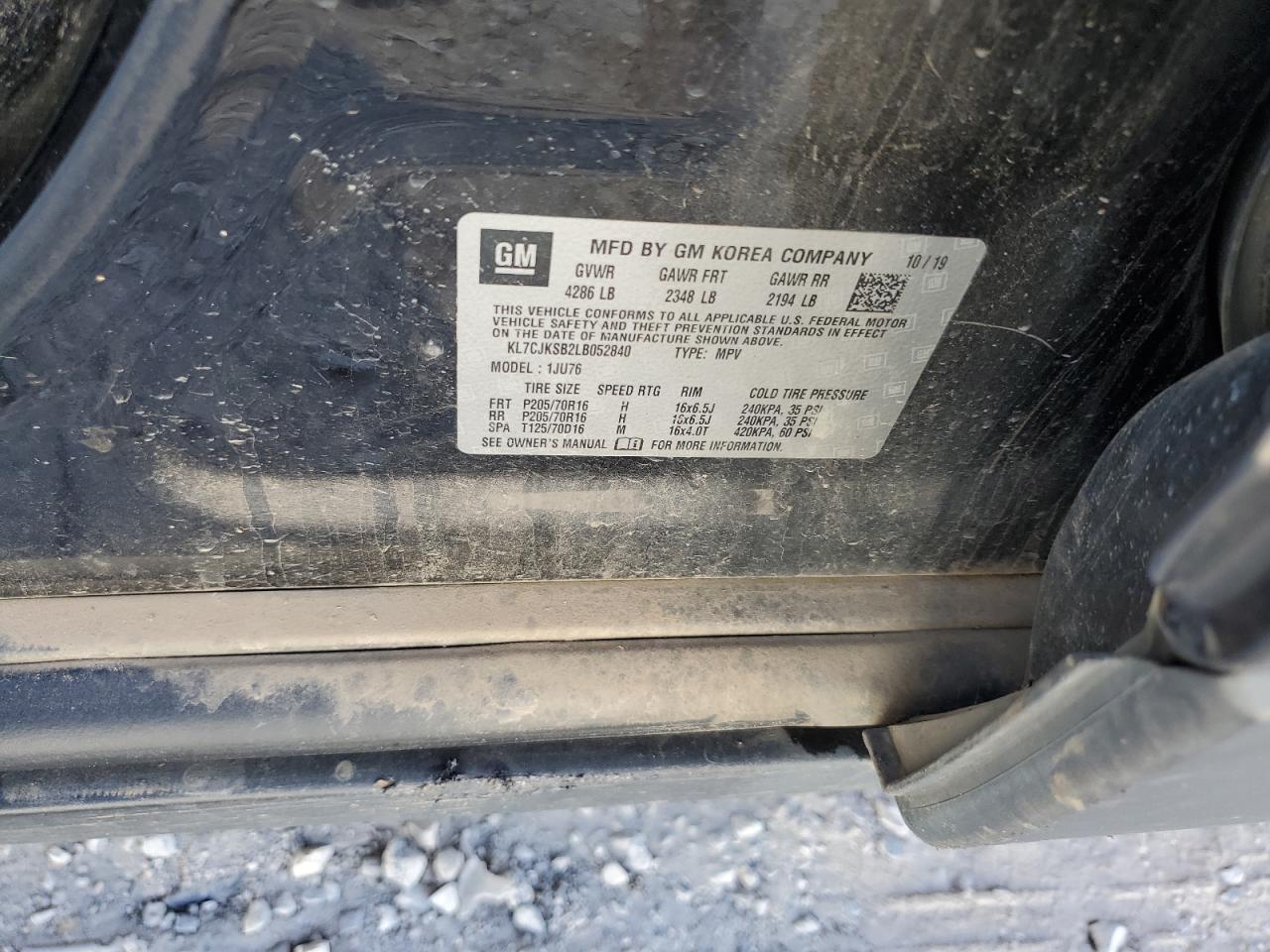 2020 Chevrolet Trax Ls VIN: KL7CJKSB2LB052840 Lot: 85162675