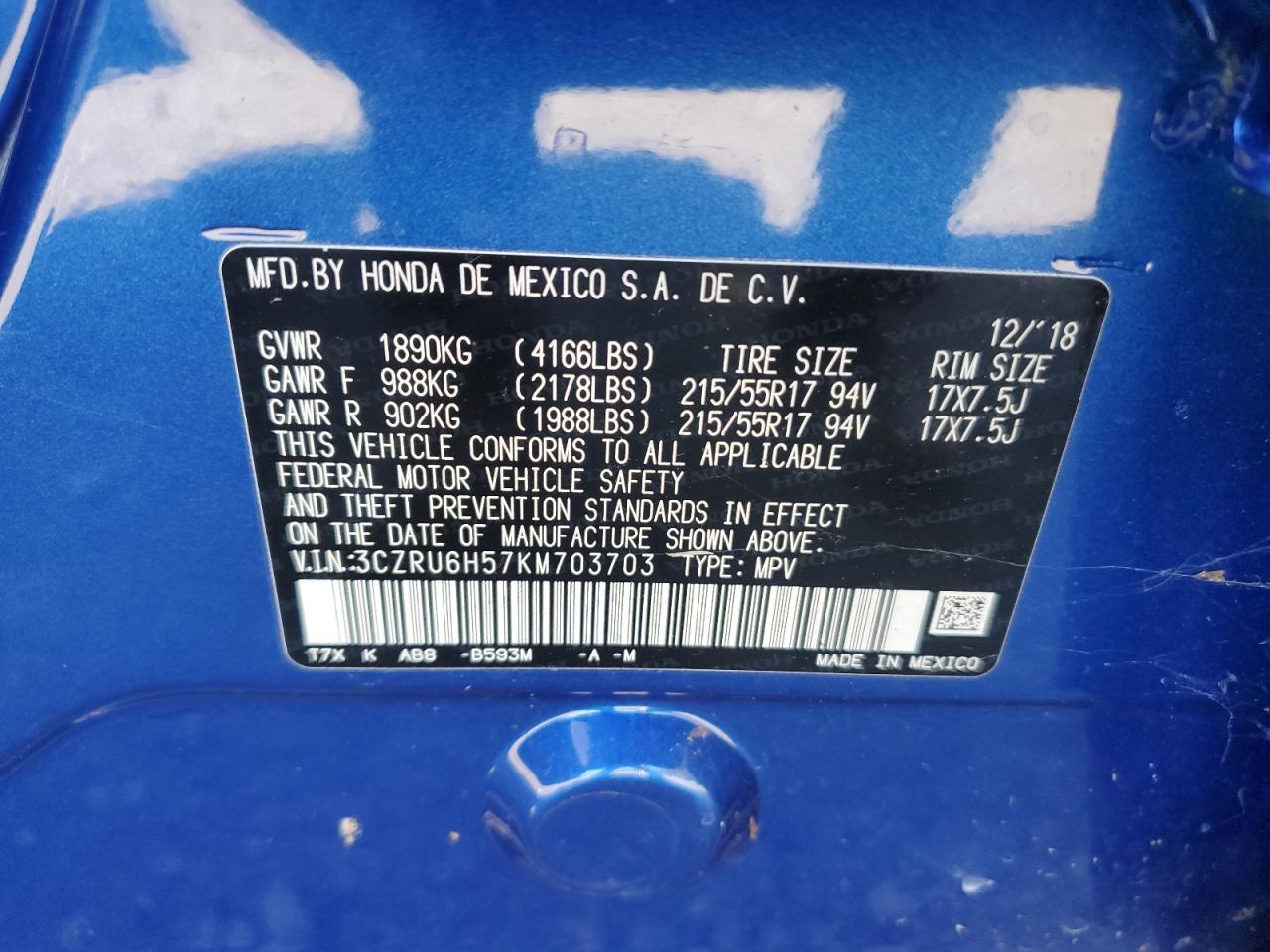 2019 Honda Hr-V Ex VIN: 3CZRU6H57KM703703 Lot: 85733245