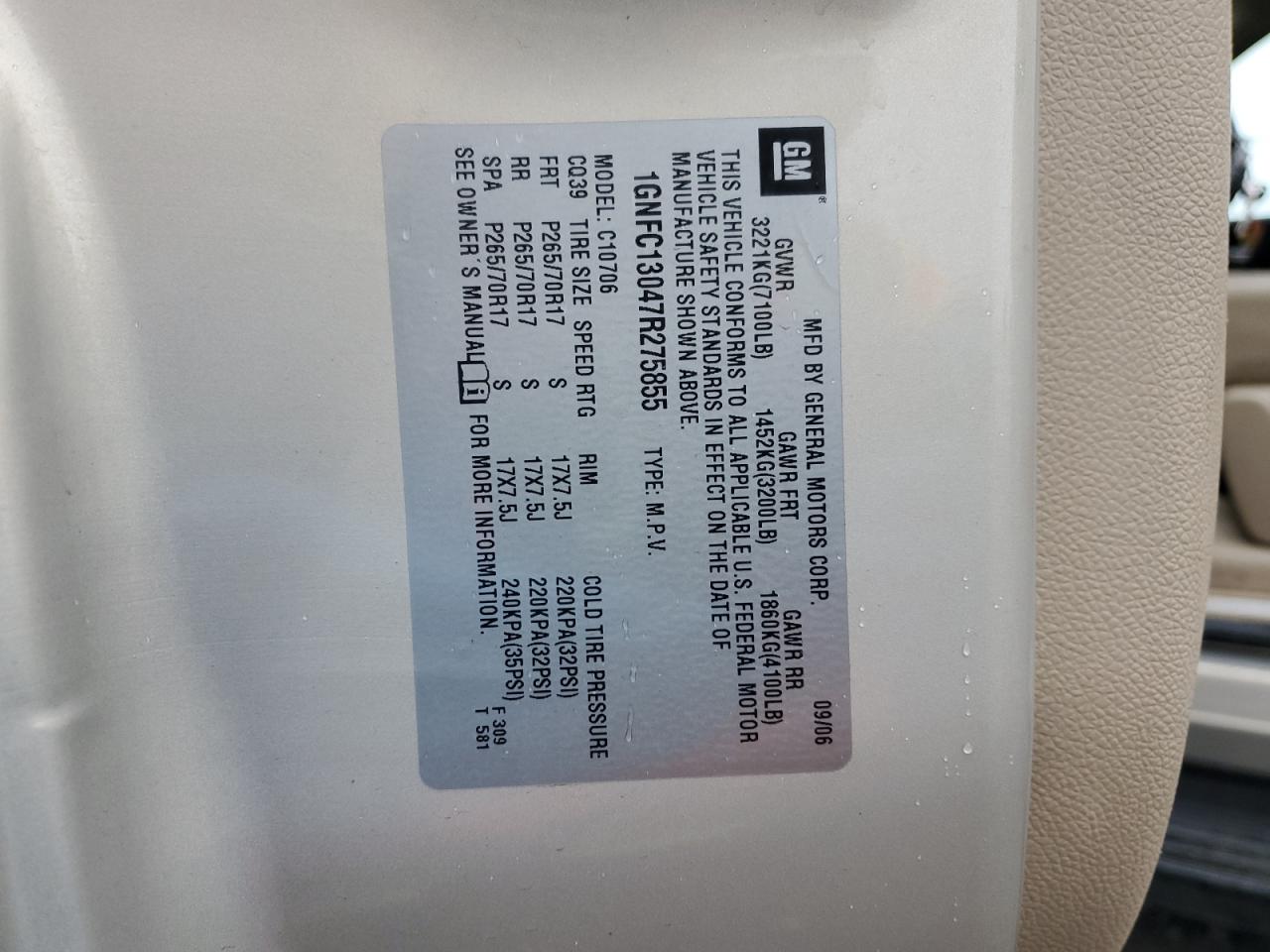 2007 Chevrolet Tahoe C1500 VIN: 1GNFC13047R275855 Lot: 86063715