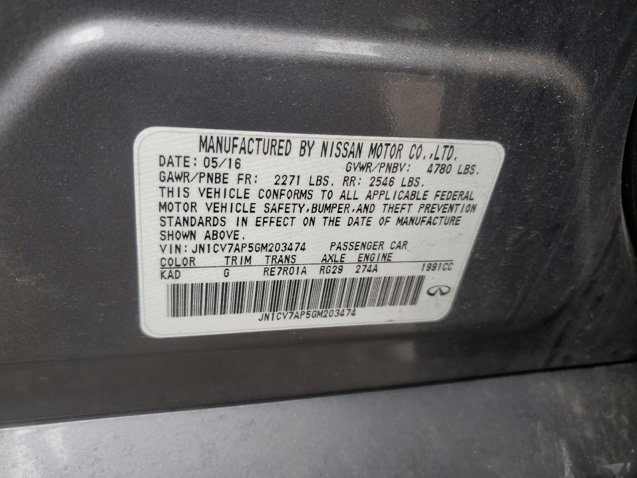 2016 Infiniti Q50 Base VIN: JN1CV7AP5GM203474 Lot: 84958545