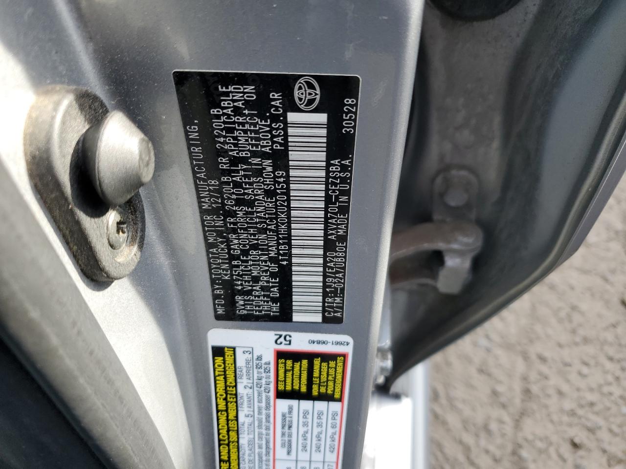 2019 Toyota Camry L VIN: 4T1B11HK0KU201549 Lot: 68880145