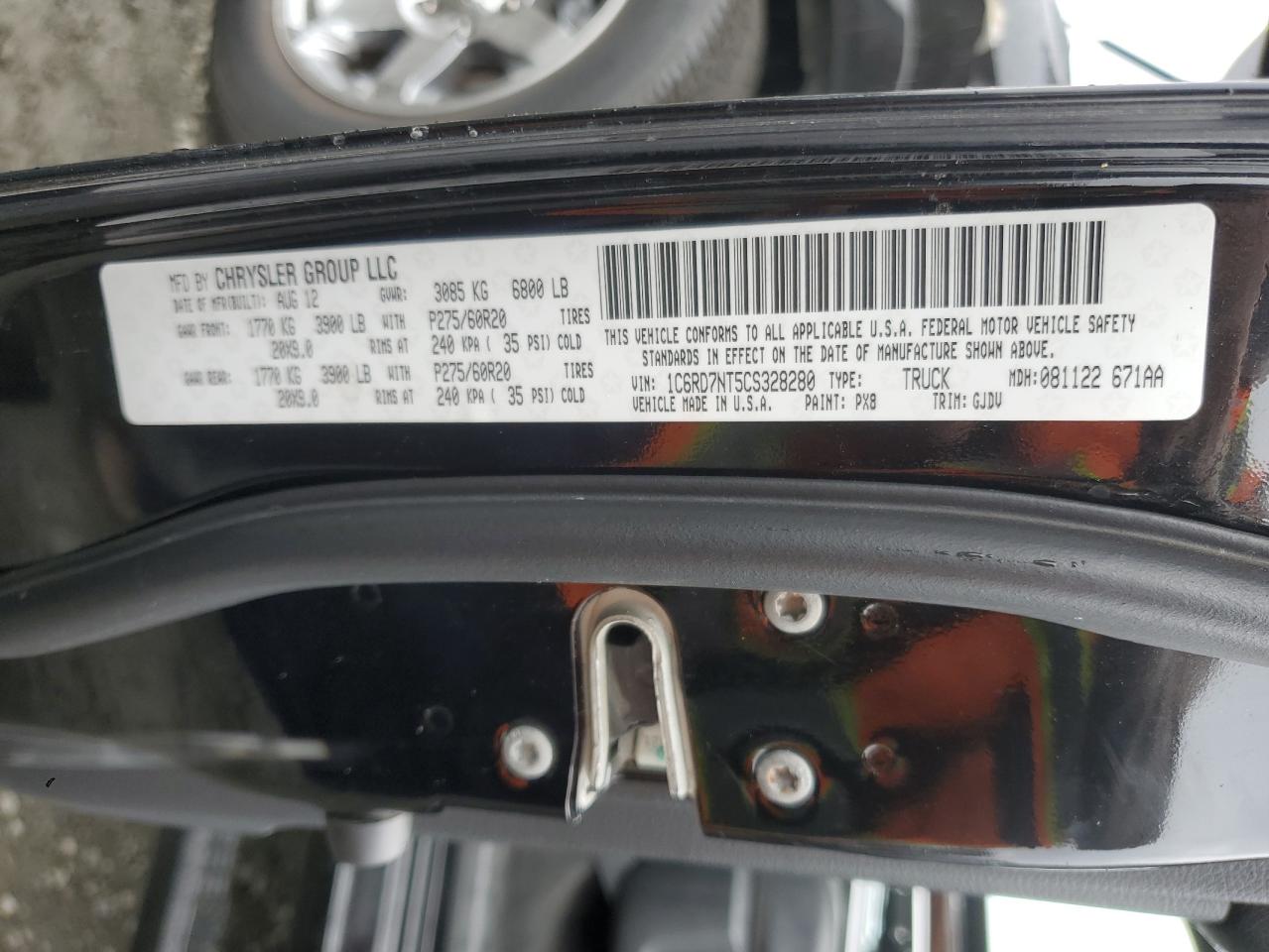 2012 Dodge Ram 1500 Laramie VIN: 1C6RD7NT5CS328280 Lot: 84435235