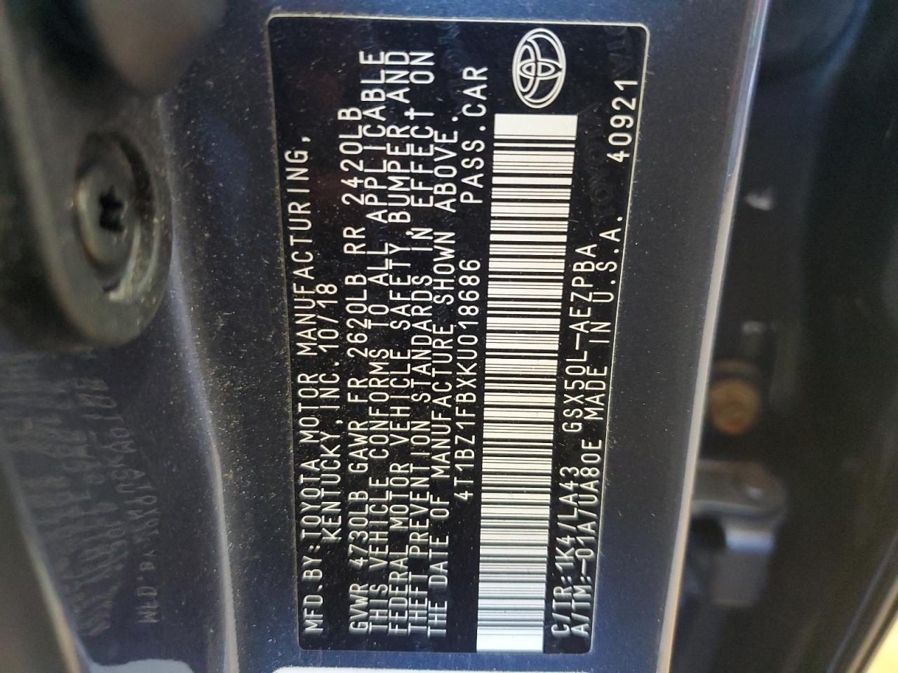 2019 Toyota Avalon Xle VIN: 4T1BZ1FBXKU018686 Lot: 87457355