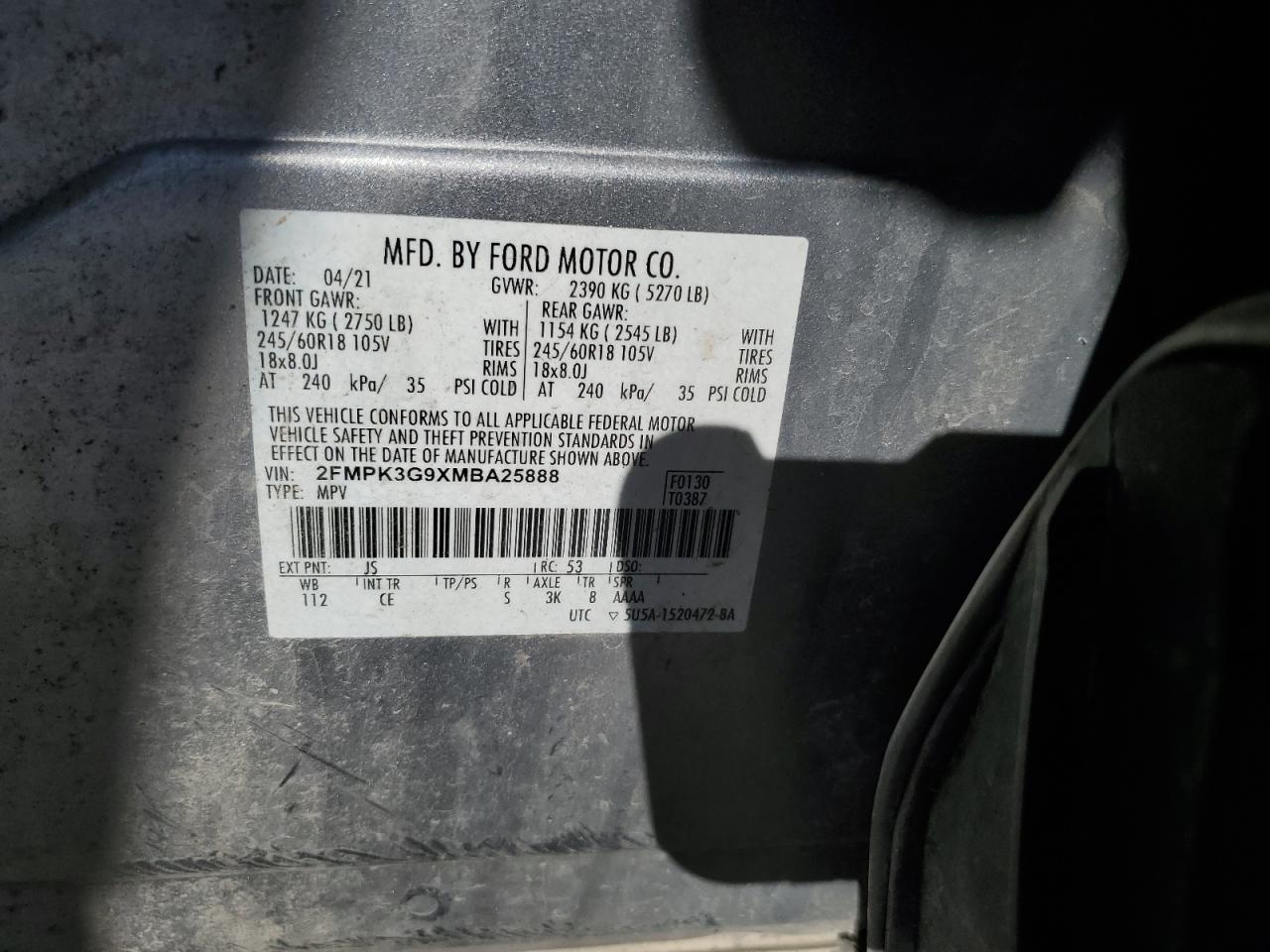 2021 Ford Edge Se VIN: 2FMPK3G9XMBA25888 Lot: 89830715