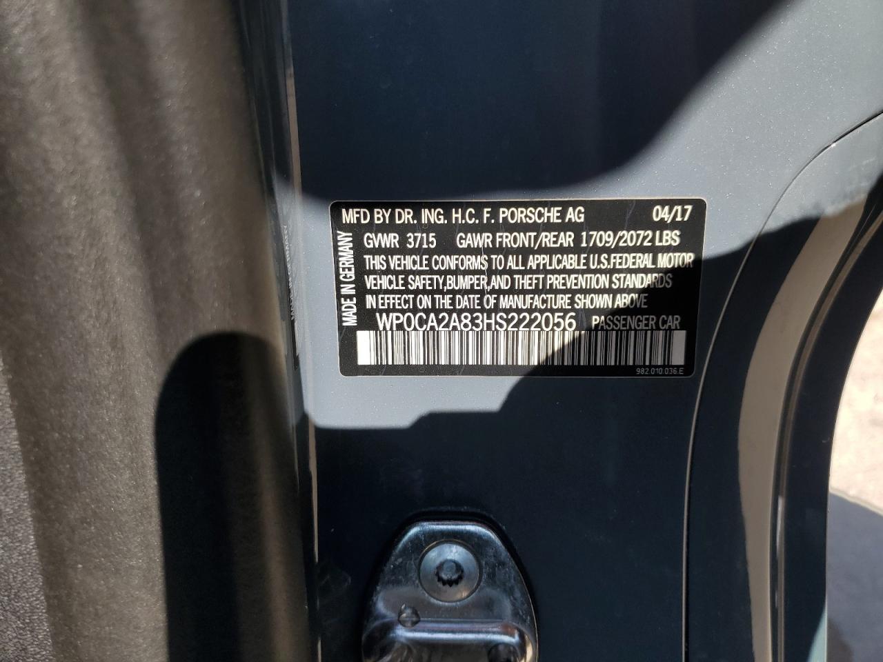 2017 Porsche Boxster VIN: WP0CA2A83HS222056 Lot: 85708135