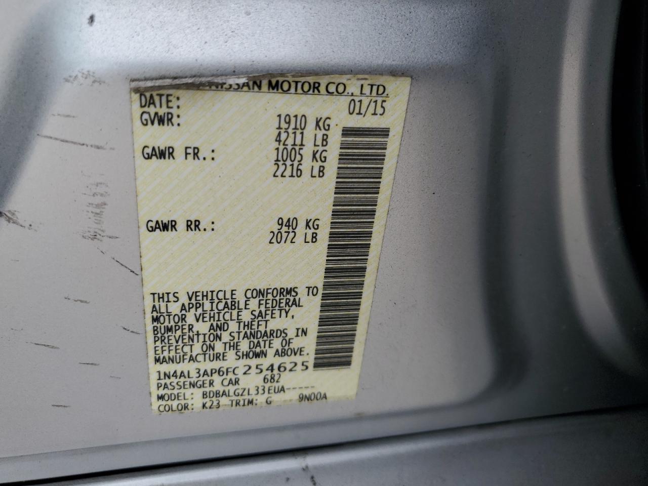 2015 Nissan Altima 2.5 VIN: 1N4AL3AP6FC254625 Lot: 85824885