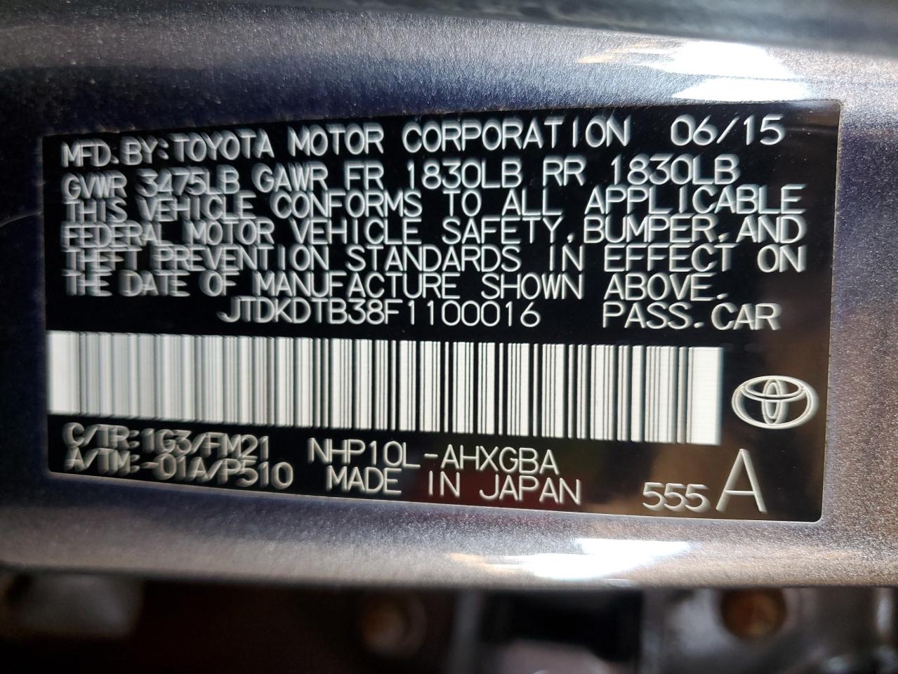 2015 Toyota Prius C VIN: JTDKDTB38F1100016 Lot: 84654165