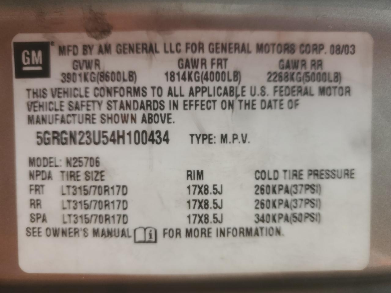 2004 Hummer H2 VIN: 5GRGN23U54H100434 Lot: 82454235