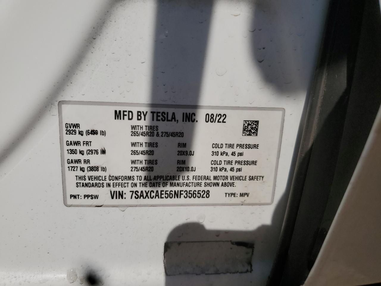 2022 Tesla Model X VIN: 7SAXCAE56NF356528 Lot: 85185675