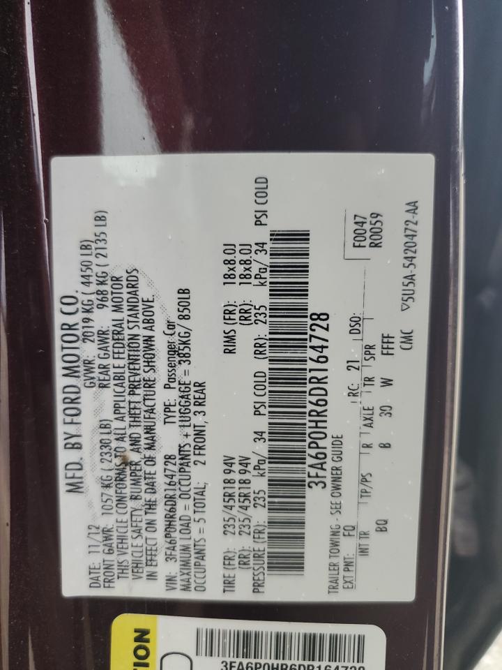 2013 Ford Fusion Se VIN: 3FA6P0HR6DR164728 Lot: 82276215