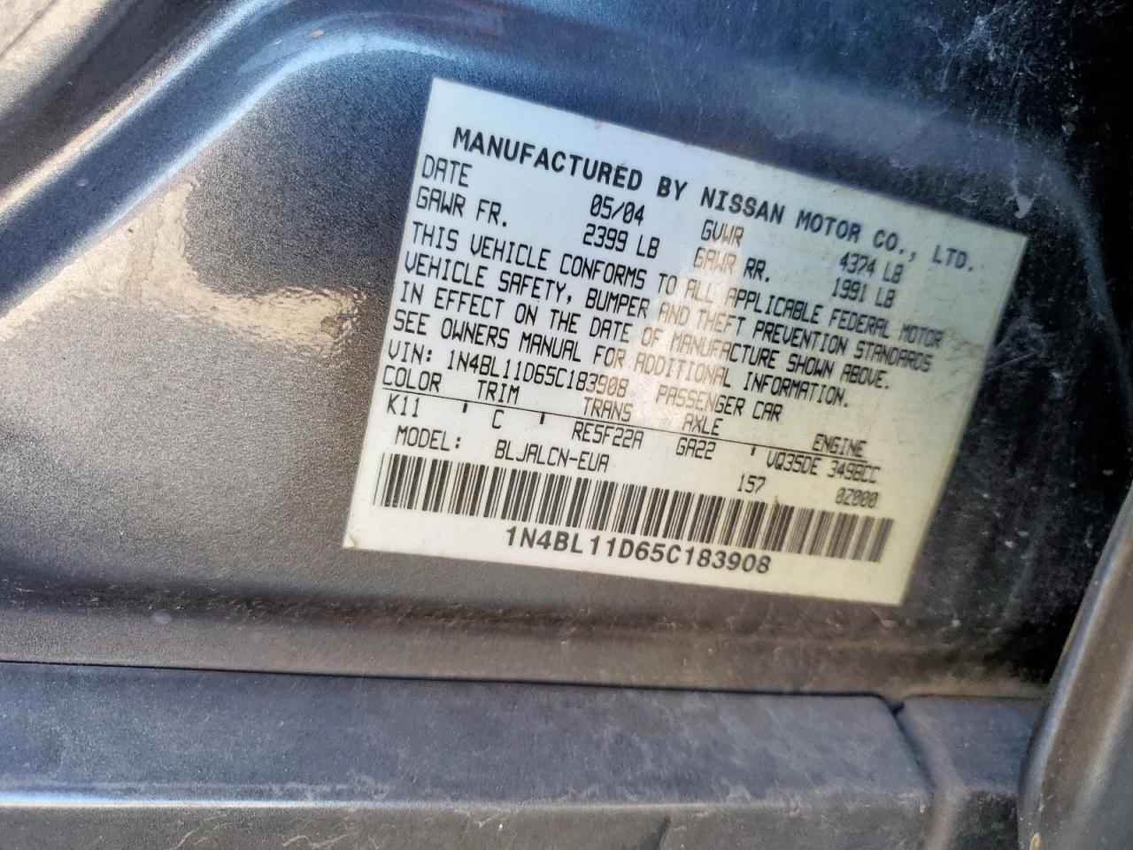 2005 Nissan Altima Se VIN: 1N4BL11D65C183908 Lot: 82266325