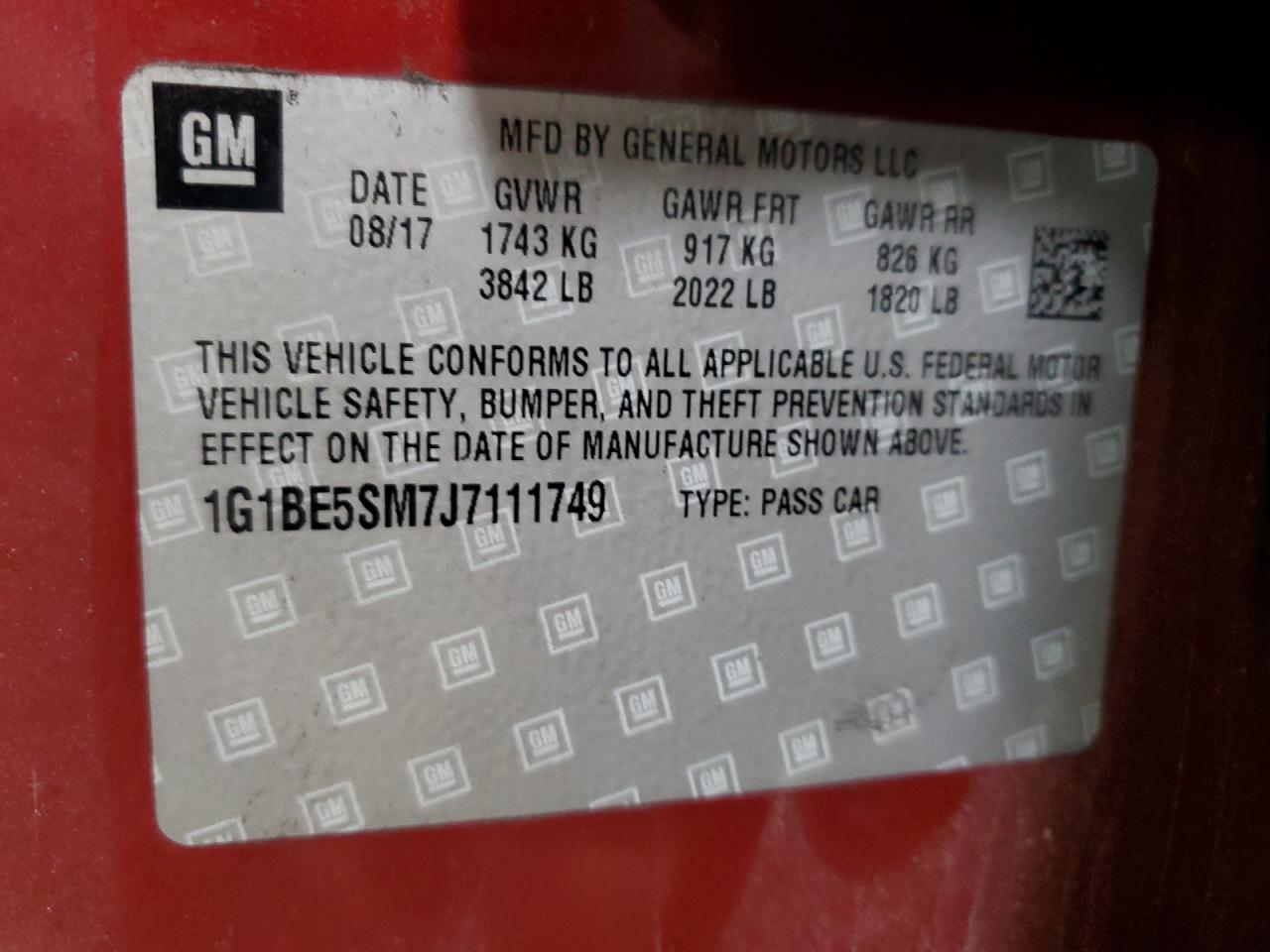 2018 Chevrolet Cruze Lt VIN: 1G1BE5SM7J7111749 Lot: 85663275