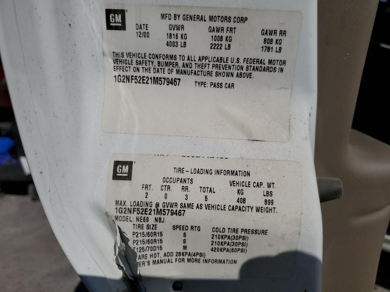 2001 Pontiac Grand Am Se1 VIN: 1G2NF52E21M579467 Lot: 89816655