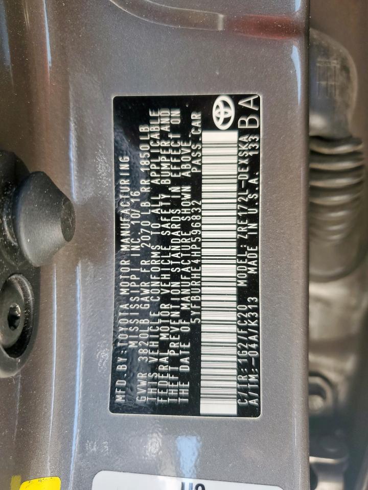 2017 Toyota Corolla L VIN: 5YFBURHE4HP596832 Lot: 84745635