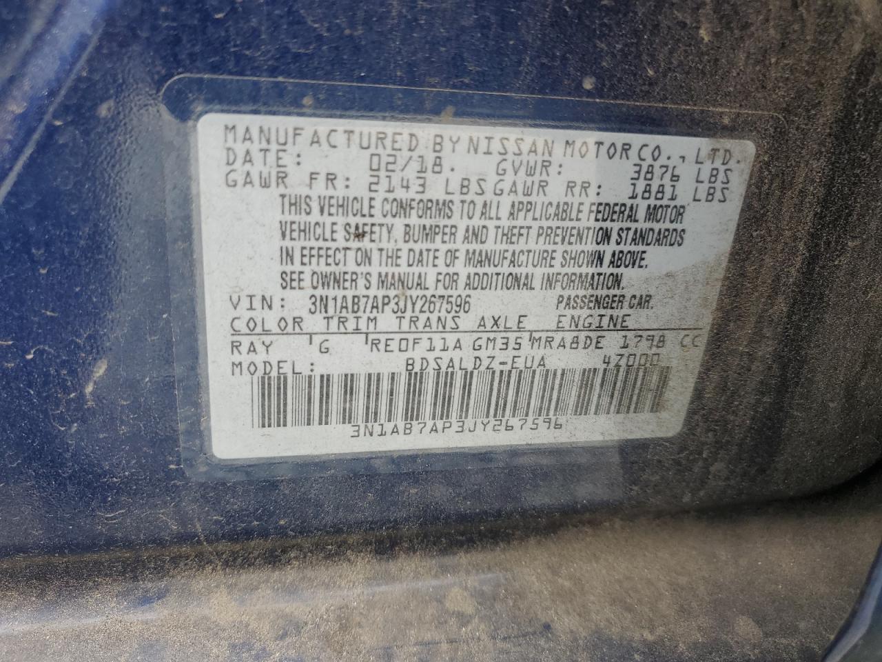 2018 Nissan Sentra S VIN: 3N1AB7AP3JY267596 Lot: 85595305