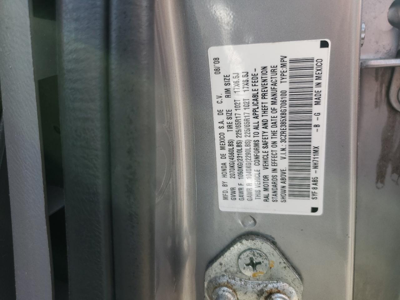 2008 Honda Cr-V Ex VIN: 3CZRE385X8G706100 Lot: 84557755