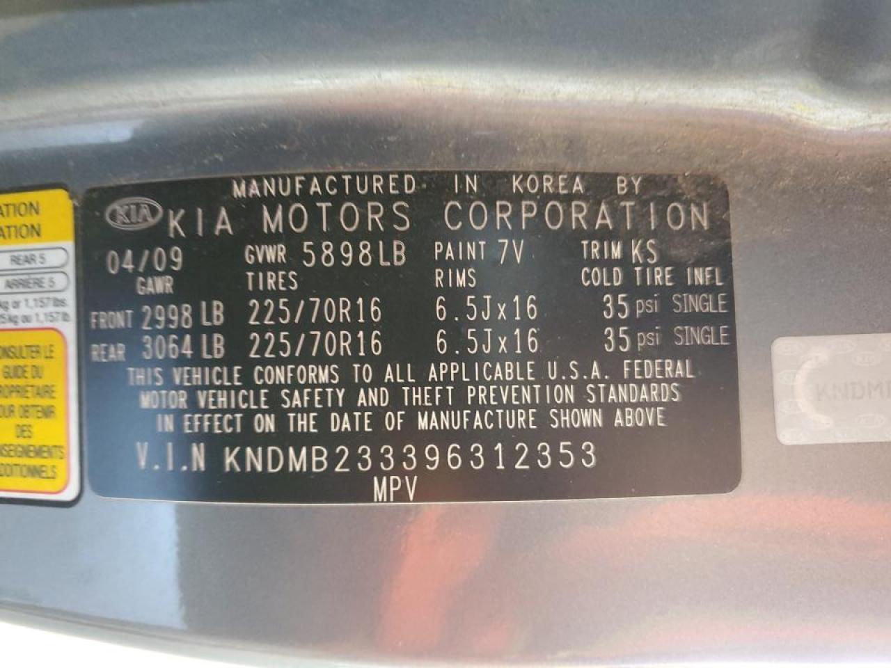 2009 Kia Sedona Ex VIN: KNDMB233396312353 Lot: 81910235
