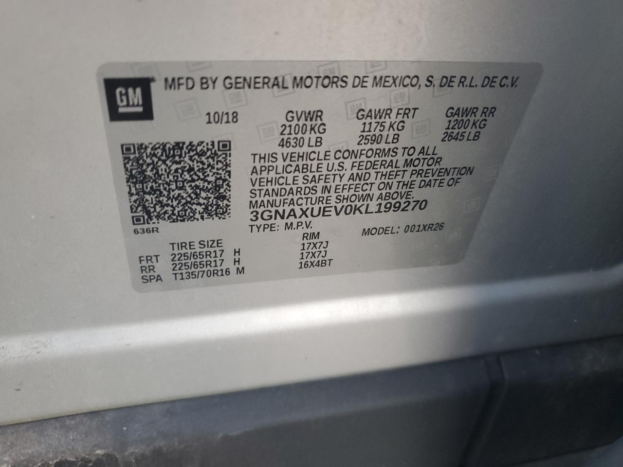 2019 Chevrolet Equinox Lt VIN: 3GNAXUEV0KL199270 Lot: 85502835