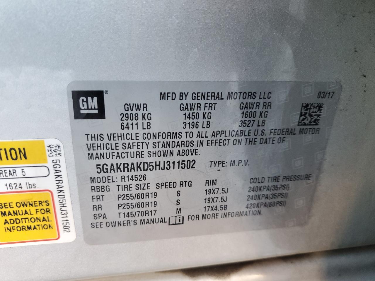 2017 Buick Enclave VIN: 5GAKRAKD5HJ311502 Lot: 90241795