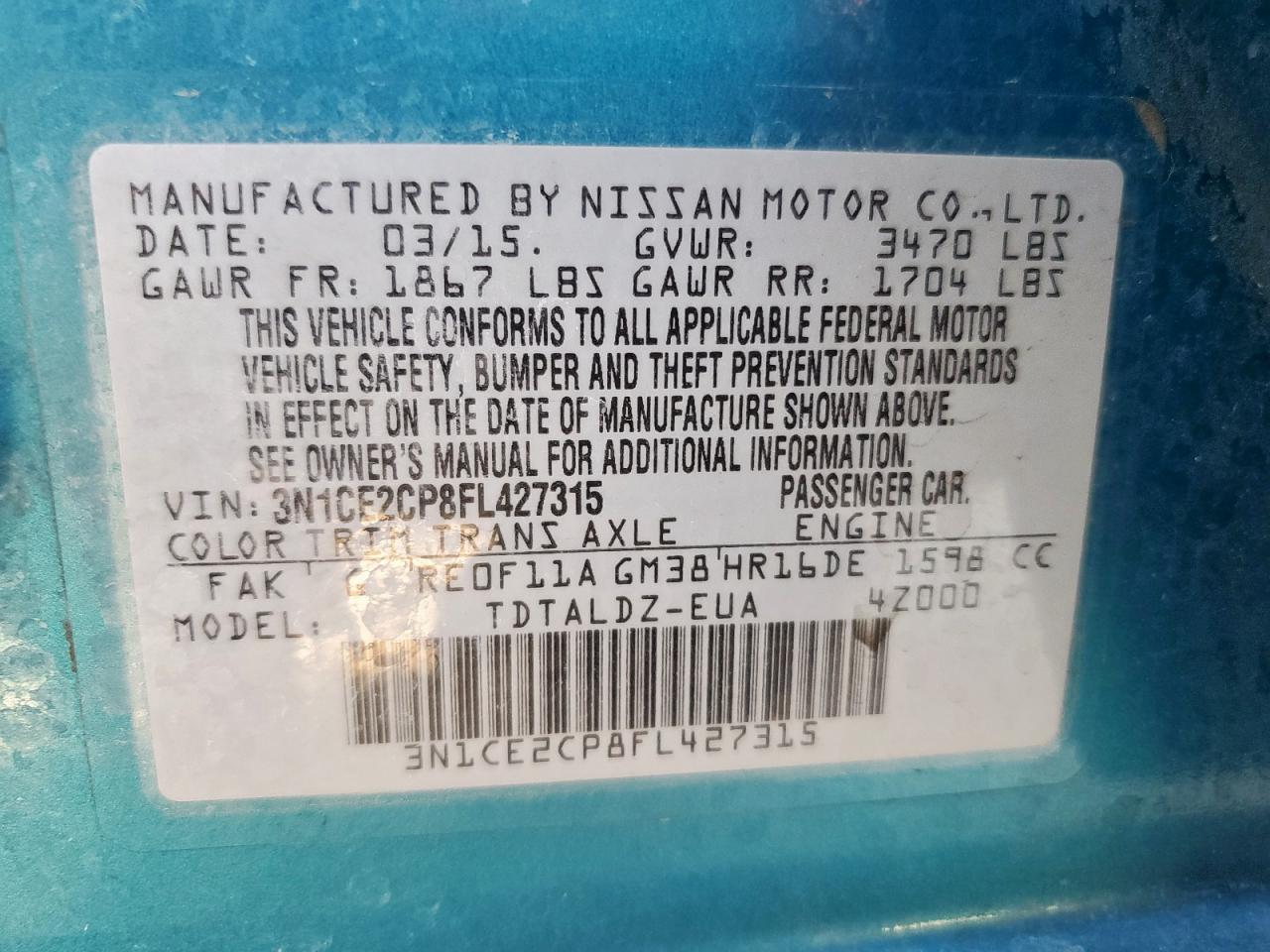 2015 Nissan Versa Note S VIN: 3N1CE2CP8FL427315 Lot: 85512075