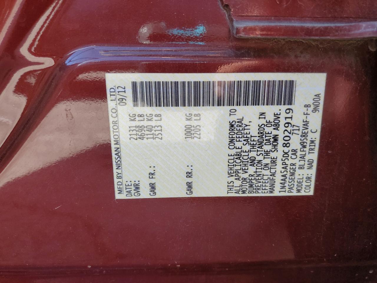 2013 Nissan Maxima S VIN: 1N4AA5AP5DC802919 Lot: 90589335