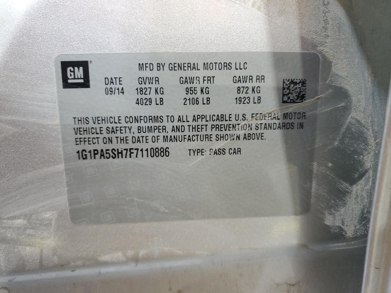 2015 Chevrolet Cruze Ls VIN: 1G1PA5SH7F7110886 Lot: 85391115