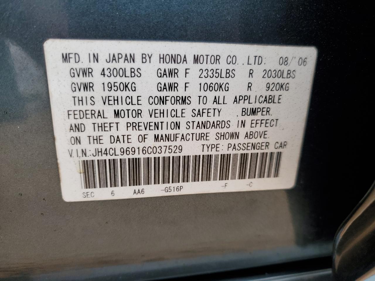 2006 Acura Tsx VIN: JH4CL96916C037529 Lot: 90436295