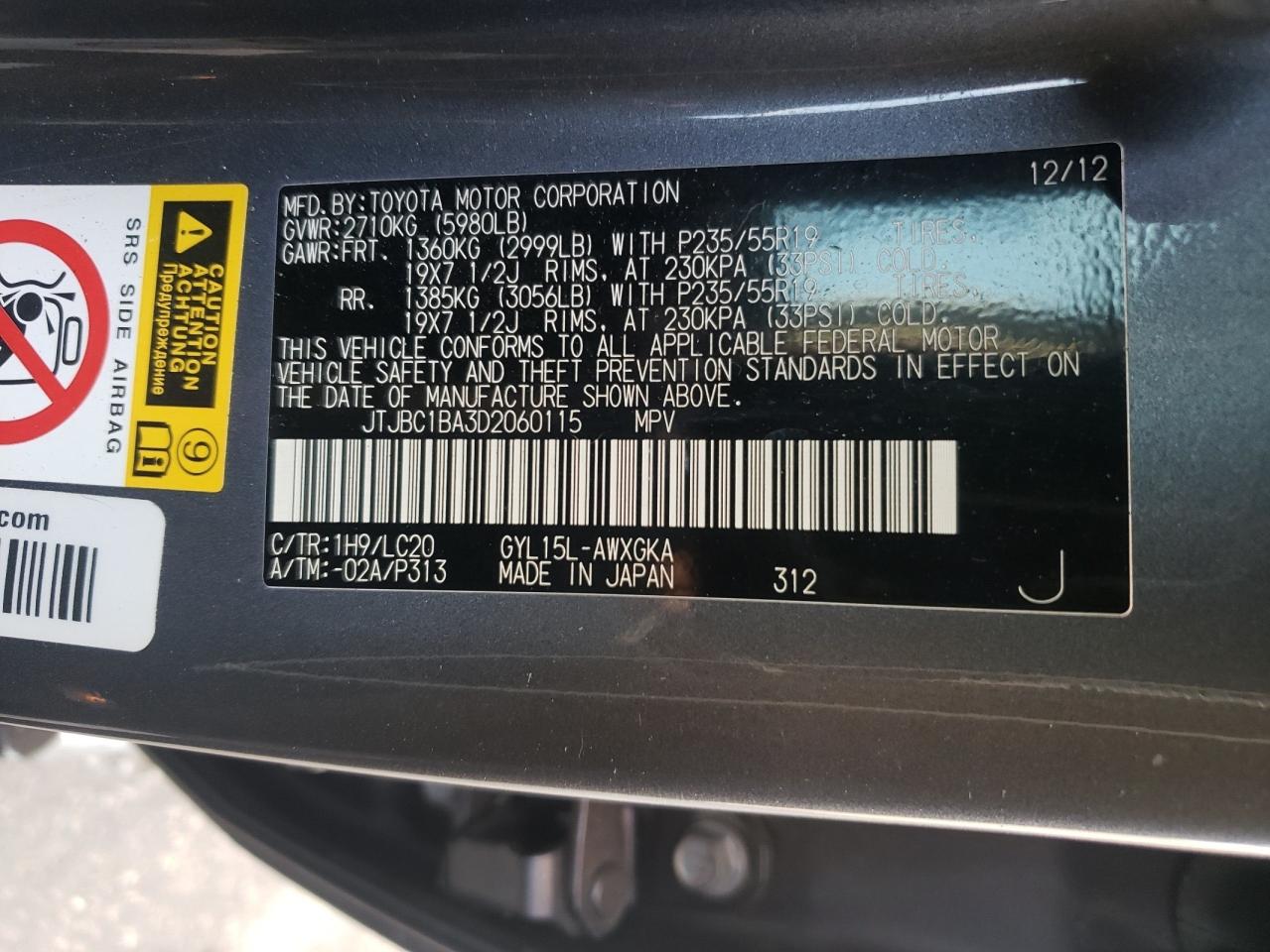 2013 Lexus Rx 450H VIN: JTJBC1BA3D2060115 Lot: 85275915